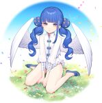  1boy angel_wings blue_footwear blue_hair chinese_clothes closed_mouth double_bun dress feathered_wings konogi long_hair long_sleeves looking_at_viewer male_focus on_grass original otoko_no_ko red_eyes shoe_flower shoes short_dress signature sitting solo twintails wariza white_dress white_wings wings 
