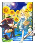  1boy 1girl :d ^_^ blonde_hair blue_dress blue_eyes blue_sky blush chao_(sonic) closed_eyes clouds dress flower food fruit furry furry_male gloves highres holding_hands long_hair maria_robotnik open_mouth red_eyes shadow_the_hedgehog sky sleeveless sleeveless_dress smile sonic_(series) sun sunflower tondamanuke wading water white_gloves 