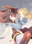  1boy 1girl animal_nose blonde_hair blue_dress blue_eyes blue_footwear blue_hairband blush carrying closed_mouth dress finger_to_own_chin furry furry_male hairband long_hair maria_robotnik princess_carry red_eyes shadow_the_hedgehog shoes smile sonic_(series) tondamanuke 