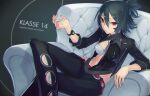  1girl ainezu armchair black_jacket black_pants bright_pupils chair green_hair hair_between_eyes hand_up jacket klasse14 looking_at_viewer on_chair open_clothes open_jacket pants parted_lips red_eyes sanpaku short_ponytail sitting solo watch watch white_pupils 