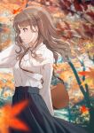  1girl arm_behind_back autumn autumn_leaves bag bangs black_skirt blurry blurry_foreground bow bowtie brown_bag cowboy_shot day depth_of_field eyebrows_visible_through_hair falling_leaves from_side hair_ornament hairclip highres hyuuga_azuri leaf long_hair long_sleeves maple_leaf open_mouth original outdoors shirt_tucked_in skirt solo symbol-only_commentary tree white_bow 