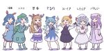  absurdres animal_ears ascot backpack bag bangs barefoot bat_wings black_dress blonde_hair blue_bow blue_dress blue_eyes blue_footwear blue_hair blue_shirt blue_skirt boots bow brooch cirno collar collared_shirt crescent crescent_hat_ornament dress earclip flat_cap flat_chest frilled_shirt frilled_shirt_collar frilled_sleeves frills gourd green_headwear hair_bobbles hair_ornament hair_ribbon hat hat_ornament highres horn_ornament horn_ribbon horns ibuki_suika jewelry kame_(kamepan44231) kawashiro_nitori key long_dress long_hair long_sleeves looking_at_viewer looking_to_the_side looking_up mary_janes medium_hair mob_cap multi-tied_hair multiple_girls neck_ribbon orange_hair outstretched_arms patchouli_knowledge pinafore_dress pink_dress pocket pointing pointing_up puffy_short_sleeves puffy_sleeves purple_hair purple_skirt rabbit_ears red_eyes red_footwear red_neckwear red_ribbon remilia_scarlet ribbon ribbon_trim rubber_boots rumia sash seiran_(touhou) shirt shoes short_dress short_hair short_sleeves short_twintails sidelocks simple_background skirt skirt_set sleeveless smile socks spread_arms star_(symbol) striped touhou translation_request twintails two_side_up unamused vertical-striped_dress vertical_stripes very_long_hair vest violet_eyes white_background white_collar white_shirt wings 