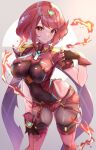  1girl bangs black_gloves breasts chest_jewel earrings fingerless_gloves gloves highres jewelry large_breasts pyra_(xenoblade) racket_ti1 red_eyes red_legwear red_shorts redhead short_hair short_shorts shorts solo swept_bangs thigh-highs tiara xenoblade_chronicles_(series) xenoblade_chronicles_2 