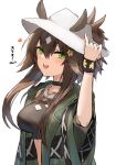  1girl :d absurdres adjusting_clothes adjusting_headwear animal_ears arknights black_choker breasts brown_hair choker coat commentary_request crop_top ears_through_headwear green_coat green_eyes hair_ornament heart highres horse_ears long_hair long_sleeves looking_at_viewer medium_breasts meteor_(arknights) meteor_(bard&#039;s_holiday)_(arknights) midriff navel official_alternate_costume open_clothes open_coat open_mouth raw_egg_lent simple_background smile solo star_(symbol) star_hair_ornament stomach translation_request upper_body upper_teeth white_background white_headwear wristband 
