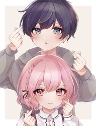  1boy 1girl after_the_rain black_hair blue_eyes blue_hair bow bowtie dress grey_hoodie highres hood hoodie long_sleeves looking_at_viewer male_focus niconico nqrse open_mouth piinachu pink_eyes pink_hair ribbon short_hair simple_background smile solo soraru utaite_(singer) white_background 