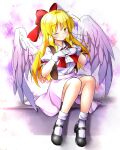  1girl aka_tawashi alternate_hair_length alternate_hairstyle angel_wings bangs blonde_hair blush bow breasts commentary_request eyebrows_visible_through_hair feathered_wings full_body gengetsu_(touhou) gloves hair_ribbon hands_on_own_chest highres large_breasts long_hair looking_at_viewer mary_janes one_eye_closed pink_skirt red_bow red_neckwear red_ribbon ribbon shirt shoes short_sleeves sitting skirt smile socks solo touhou touhou_(pc-98) white_gloves white_legwear white_shirt wings yellow_eyes 