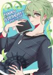 1boy amami_rantarou bangs book bracelet collarbone danganronpa_(series) danganronpa_v3:_killing_harmony dated dutch_angle ear_piercing earrings eyebrows_visible_through_hair from_side green_eyes green_hair hair_between_eyes happy_birthday holding holding_book jewelry long_sleeves looking_at_viewer male_focus nabu_(d4ng4nn6bu12) necklace open_book piercing ring shiny shiny_hair shirt short_hair smile solo striped striped_shirt white_background 