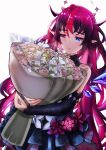  1girl absurdres bare_shoulders blue_eyes bouquet crystal flower fluffyebi01 heterochromia highres hololive hololive_english horns irys_(hololive) pink_eyes pointy_ears red_flower redhead see-through smile solo virtual_youtuber wavy_hair wings 