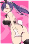  1girl animal_ears ass bare_shoulders black_legwear black_neckwear bow bowtie breasts commentary_request copyright_request detached_collar duke_(inu_daimyou) eyebrows_visible_through_hair fake_animal_ears large_breasts long_hair open_mouth pink_background playboy_bunny ponytail purple_hair rabbit_ears rabbit_tail smile solo tail thigh-highs thighs yellow_eyes 