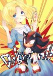  1boy 1girl alternate_hairstyle blonde_hair blue_dress blue_eyes blush closed_mouth dress furry furry_male gloves hair_brush hand_on_own_chest holding looking_at_viewer maria_robotnik shadow_the_hedgehog shoes smile sonic_(series) sound_effects tondamanuke twintails white_gloves 