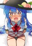  1girl bdsm behind_back blue_hair bondage bound bow breasts crying crying_with_eyes_open food fruit hat highres hinanawi_tenshi long_hair looking_at_viewer open_mouth panties peach red_eyes rope shirt short_sleeves sitting solo tamagogayu1998 tears touhou underwear very_long_hair 