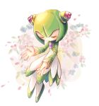 1girl closed_eyes cosmo_(sonic) dress floating flower full_body gem green_footwear green_hair highres petals simple_background solo sonic_(series) sonic_x tondamanuke