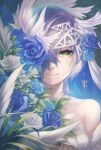  1girl a-er_(akkij0358) bare_shoulders blue_hair breasts flower hair_ornament hair_over_one_eye highres long_hair looking_at_viewer medium_breasts original smile solo upper_body yellow_eyes 