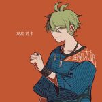  1boy amami_rantarou antenna_hair bangs clenched_hand closed_mouth collarbone danganronpa_(series) danganronpa_v3:_killing_harmony dated ear_piercing earrings eyebrows_visible_through_hair green_eyes green_hair hand_up jewelry kiri_(2htkz) long_sleeves looking_at_viewer male_focus messy_hair necklace orange_background piercing red_background ring shirt simple_background smile solo striped striped_shirt translation_request upper_body wide_sleeves 