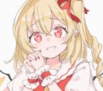  1girl bangs blonde_hair commentary_request crystal eyebrows_visible_through_hair flandre_scarlet hair_between_eyes hair_ribbon looking_at_viewer medium_hair no_hat no_headwear one_side_up own_hands_clasped own_hands_together paragasu_(parags112) pointy_ears red_ribbon ribbon simple_background solo touhou upper_body white_background wings 