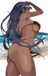  1girl arm_up armpits ass bare_shoulders bikini black_bikini black_hair breasts dark-skinned_female dark_skin from_side hai_ookami highres large_breasts long_hair ocean original sand shore sideboob swimsuit thighs under_boob water 