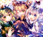  3girls :d bangs blonde_hair blue_eyes blush breasts commentary_request cross-laced_clothes earmuffs eyebrows_visible_through_hair fingernails green_eyes green_hair hair_between_eyes hat highres itsumizu japanese_clothes juliet_sleeves kariginu large_breasts long_hair long_sleeves looking_at_viewer mononobe_no_futo multiple_girls one_eye_closed open_mouth pointy_hair pom_pom_(clothes) ponytail puffy_sleeves ribbon-trimmed_sleeves ribbon_trim ritual_baton short_hair sidelocks silver_hair smile soga_no_tojiko tate_eboshi touhou toyosatomimi_no_miko two-sided_fabric upper_body wide_sleeves yellow_eyes 