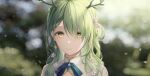  1girl absurdres bangs blurry blurry_background branch ceres_fauna earrings flower green_hair green_neckwear green_ribbon hair_flower hair_ornament highres hololive hololive_english jewelry long_hair looking_at_viewer mole mole_under_eye ribbon smile solo virtual_youtuber yellow_eyes 