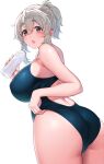  1girl :o absurdres ass bottle breasts brown_eyes competition_swimsuit covered_nipples dot_nose from_behind grey_hair hair_between_eyes highres holding holding_bottle huge_breasts large_breasts looking_at_viewer looking_back one-piece_swimsuit open_mouth original plump ponytail simple_background solo standing suruga_(xsurugax) swimsuit water_bottle white_background 