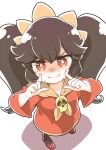  1girl absurdres ashley_(warioware) big_hair black_hair dress eyebrows_visible_through_hair fingers_to_cheeks forced_smile hairband highres long_hair looking_at_viewer merugamu_melgum orange_hairband red_dress red_eyes red_footwear sailor_collar shiny shiny_hair skull solo sweat twintails very_long_hair warioware white_background wide_sleeves yellow_sailor_collar 