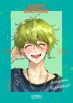  1boy :d amami_rantarou antenna_hair bangs blush character_name closed_eyes collarbone danganronpa_(series) danganronpa_v3:_killing_harmony dated deha_(dayhi_210916) earrings facing_viewer green_background green_eyes green_hair hand_up happy_birthday highres jewelry looking_at_viewer male_focus necklace open_mouth shiny shiny_hair shirt short_hair smile striped striped_shirt teeth translation_request two-tone_background 