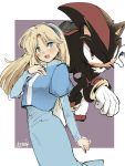  1boy 1girl :d animal_nose artist_name blonde_hair blue_dress blue_eyes blue_hairband blush bracelet dress furry furry_male gloves hairband jewelry ligne_claire long_dress long_hair long_sleeves looking_at_viewer maria_robotnik open_mouth puffy_sleeves red_eyes serious shadow_the_hedgehog smile sonic_(series) standing tondamanuke white_gloves 