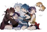  2boys 2girls bead_necklace beads blue_eyes blue_hair blush braid brown_hair chongyun_(genshin_impact) closed_eyes genshin_impact guoba_(genshin_impact) half-closed_eyes highres hu_tao_(genshin_impact) hug jewelry jiangshi multiple_boys multiple_girls necklace open_mouth poscorn617 purple_hair qiqi_(genshin_impact) shorts simple_background sweatdrop twin_braids twintails violet_eyes white_background xiangling_(genshin_impact) xingqiu_(genshin_impact) yellow_eyes 