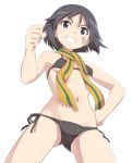  1girl bikini black_bikini black_hair blue_eyes blush brave_witches breasts clenched_hand eyebrows_visible_through_hair from_below grin hand_on_hip kanno_naoe looking_at_viewer nanashino navel scarf shiny shiny_hair short_hair side-tie_bikini simple_background small_breasts smile solo swimsuit white_background world_witches_series 