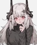  1girl aogisa arknights black_sweater breasts demon_horns ear_piercing eyebrows_visible_through_hair grey_hair hair_ornament hand_up highres horns long_hair long_sleeves looking_at_viewer medium_breasts mudrock_(arknights) open_mouth piercing pointy_ears red_eyes simple_background solo straight-on sweater turtleneck turtleneck_sweater upper_body white_background 