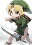  1boy artist_name bangs belt blanco026 blonde_hair blue_eyes brown_belt feet_out_of_frame green_headwear green_shirt green_skirt hand_up hat highres holding holding_weapon left-handed link pointy_ears sheath shield shirt short_sleeves skirt sword the_legend_of_zelda unsheathed weapon wiping_mouth 