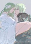  1boy 1girl byleth_(fire_emblem) byleth_eisner_(male) closed_mouth couple dress face-to-face fire_emblem fire_emblem:_three_houses flower forehead-to-forehead green_eyes green_hair hair_flower hair_ornament heads_together hetero highres leg_up rhea_(fire_emblem) smile stroking_cheek tobeflog white_dress 