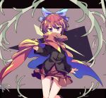  1girl bangs black_border black_shirt blue_bow border bow brown_background cloak eyebrows_visible_through_hair hair_bow holding holding_clothes isu_(is88) long_sleeves looking_at_viewer red_eyes red_skirt redhead sekibanki shirt short_hair skirt solo standing touhou v-shaped_eyebrows 