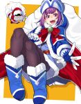  1girl :d blue_dress blue_footwear blue_gloves blush boots border brown_legwear cape dot_nose dress fate/grand_order fate_(series) fur-trimmed_boots fur_trim gloves hat helena_blavatsky_(fate) highres holding holding_sack hood hood_up looking_at_viewer mikan_(chipstar182) nose_blush open_mouth pantyhose purple_hair red_cape sack simple_background smile solo violet_eyes white_border yellow_background 