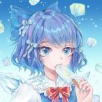  1girl bangs blue_dress blue_eyes blue_hair cirno commentary_request dress eyebrows_visible_through_hair face food frills ice ice_cream ice_cube ice_wings looking_at_viewer mioda_iki red_ribbon ribbon short_hair simple_background solo star_(symbol) star_in_eye symbol_in_eye touhou white_sleeves wings 