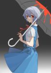  1girl absurdres ayanami_rei blood blue_hair blue_skirt closed_mouth commentary cowboy_shot expressionless from_side gradient gradient_background grey_background hair_between_eyes highres holding holding_umbrella looking_at_viewer neck_ribbon neon_genesis_evangelion oldestyukari red_eyes red_neckwear ribbon school_uniform shirt short_hair short_sleeves skirt solo suspender_skirt suspenders tokyo-3_middle_school_uniform_(evangelion) transparent transparent_umbrella umbrella white_shirt 