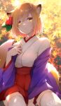  1girl animal_ear_fluff animal_ears autumn_leaves bangs blurry blurry_background breasts brown_hair chita_(ketchup) closed_mouth commentary_request depth_of_field eyebrows_visible_through_hair flower fox_ears fox_girl fox_tail hair_between_eyes hair_flower hair_ornament highres japanese_clothes kimono leaf long_sleeves looking_at_viewer maple_leaf medium_breasts miko off_shoulder open_clothes original pleated_skirt red_flower red_skirt short_eyebrows short_hair signature skirt solo tail thick_eyebrows thigh-highs white_kimono white_legwear wide_sleeves yellow_eyes 