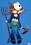  1girl :o ahoge artist_name bishoujo_terror blue_background blue_eyes blue_shirt breasts brown_footwear brown_hair dual_wielding friday_the_13th genderswap genderswap_(mtf) holding holding_weapon jason_voorhees jason_voorhees_(kotobukiya_bishoujo) kain_(hurghada) kotobukiya kotobukiya_bishoujo large_breasts looking_at_viewer mask mask_over_one_eye navel overalls pickaxe pitchfork shirt short_hair signature tied_shirt weapon 