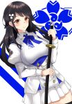  1girl azur_lane bangs black_hair blush breasts brown_eyes choukai_(azur_lane) closed_mouth core1013 eyebrows_visible_through_hair feet_out_of_frame flower hair_flower hair_ornament highres holding holding_sword holding_weapon large_breasts long_hair looking_at_viewer simple_background skirt solo standing sword uniform weapon white_skirt 