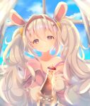 1girl absurdres animal_ears azur_lane bangs blue_sky blurry border bottle clouds cloudy_sky cola commentary_request curtains depth_of_field eyebrows_visible_through_hair fake_animal_ears hair_between_eyes hairband highres holding holding_bottle jacket laffey_(azur_lane) long_hair long_sleeves looking_at_viewer marekamico rabbit_ears red_eyes sidelocks sky soda_bottle solo spaghetti_strap twintails white_hair 