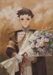  1boy armband black_cape black_hair black_jacket bouquet brown_eyes cape closed_mouth cowboy_shot dai_gyakuten_saiban epaulettes flower gloves gyakuten_saiban highres holding holding_bouquet jacket long_sleeves looking_at_viewer male_focus military military_uniform naruhodou_ryuunosuke raycrodu_h short_hair smile solo standing uniform white_gloves 