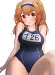  1girl absurdres blue_swimsuit brown_eyes cowboy_shot dated hairband highres i-26_(kancolle) kantai_collection light_brown_eyes light_brown_hair long_hair mmk name_tag new_school_swimsuit school_swimsuit signature simple_background sitting solo swimsuit swimsuit_under_clothes two-tone_hairband two_side_up white_background 