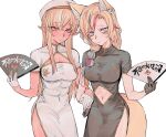  2girls abs alternate_costume animal_ears bangs black_dress black_gloves blonde_hair blush china_dress chinese_clothes cleavage_cutout clothing_cutout commentary_request covered_navel cowboy_shot dress flower fox_ears fox_tail gloves hair_flower hair_ornament half_gloves hand_fan highres hololive kakult2017 long_hair looking_at_viewer multicolored_hair multiple_girls navel navel_cutout omaru_polka parted_bangs pointy_ears red_eyes shiranui_flare side_ponytail smile streaked_hair tail violet_eyes white_background white_dress white_gloves 