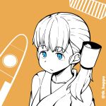  1girl :/ blue_eyes japanese_clothes kantai_collection monochrome orange_background shin&#039;you_(kancolle) side_ponytail solo spot_color takasugi_heppu twitter_username upper_body 
