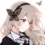  1girl bangs black_hairband butterfly_hair_ornament closed_mouth corrin_(fire_emblem) corrin_(fire_emblem)_(female) eyebrows_visible_through_hair fire_emblem fire_emblem_fates floating_hair hair_between_eyes hair_ornament hairband highres long_hair misato_hao pointy_ears portrait red_eyes shadow shiny shiny_hair signature silver_hair smile solo swept_bangs 