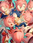  1boy 6+girls :d :o amy_rose blush boots bracelet clenched_teeth closed_eyes dress furry furry_female furry_male gloves green_eyes hairband hug jewelry kiss multiple_girls multiple_persona open_mouth red_dress smile sonic_(series) sonic_the_hedgehog sweatdrop teeth tondamanuke white_gloves 
