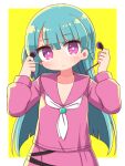  1girl bangs blue_hair blush braid closed_mouth collarbone commentary_request dohna_dohna earphones earphones eyebrows_visible_through_hair hair_between_eyes hands_up highres holding holding_earphones long_hair long_sleeves looking_at_viewer mob_(dohna_dohna) naga_u pink_sailor_collar pink_serafuku pink_shirt pink_skirt puffy_long_sleeves puffy_sleeves sailor_collar school_uniform serafuku shirt skirt solo two-tone_background very_long_hair violet_eyes white_background yellow_background 
