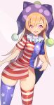  1girl american_flag_dress ass_visible_through_thighs blonde_hair clownpiece hat jester_cap long_hair looking_at_viewer neck_ruff no_panties open_mouth pink_eyes polka_dot purple_headwear simple_background skirt_hold smile solo star_(symbol) star_print striped thigh-highs touhou z.o.b 