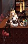  1girl absurdres animal_ears astoria_(azur_lane) astoria_(black_bunny_carnival)_(azur_lane) azur_lane bar bar_stool bare_shoulders black_footwear black_legwear blonde_hair blue_eyes blush boots bottle bow bowtie breasts closed_mouth cocktail_glass cocktail_shaker cup drinking_glass eyebrows_visible_through_hair fake_animal_ears hand_on_leg hand_on_table highres ice knee_boots long_hair looking_at_viewer medium_breasts playboy_bunny sama_1421598740 sitting sitting_on_table smile solo stool thigh-highs wide_shot 