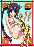  animal_ears bad_id bikini black_hair boots brown_eyes claws gloves highres k-on! long_hair nakano_azusa new_year solo swimsuit tail tamaran thigh-highs thigh_boots thighhighs tiger_ears tiger_print tiger_tail translation_request twintails 