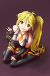  blonde_hair breasts chiffonjena cleavage from_above long_hair necktie side_ponytail sitting skirt smile solo thigh-highs thighhighs vocaloid yellow_eyes zettai_ryouiki 